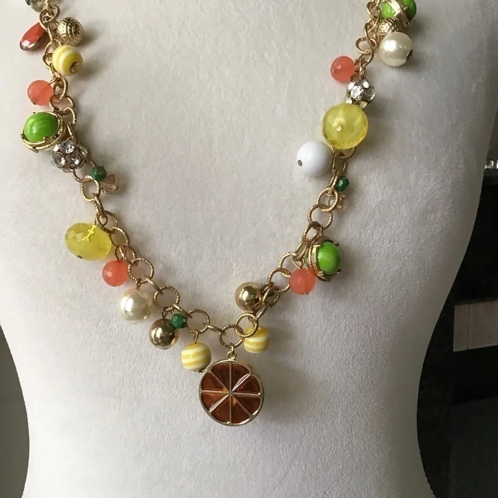 Citrus Baubles Necklace Orange Yellow White Green Gold Tone Beads Florida FL 35”